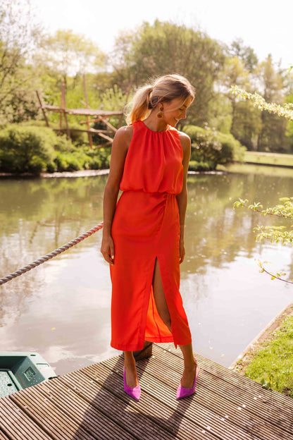 Robe midi Femme Sans Manches Encolure Haute Fente Estivale