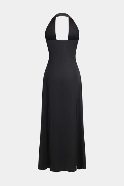 Robe de Soirée Noire Élégante Longue avec Col Montant