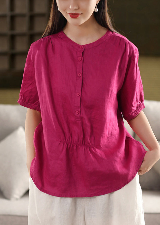 Large Linen Blouse with Pink Buttons and Round Collar - EasyApparels
