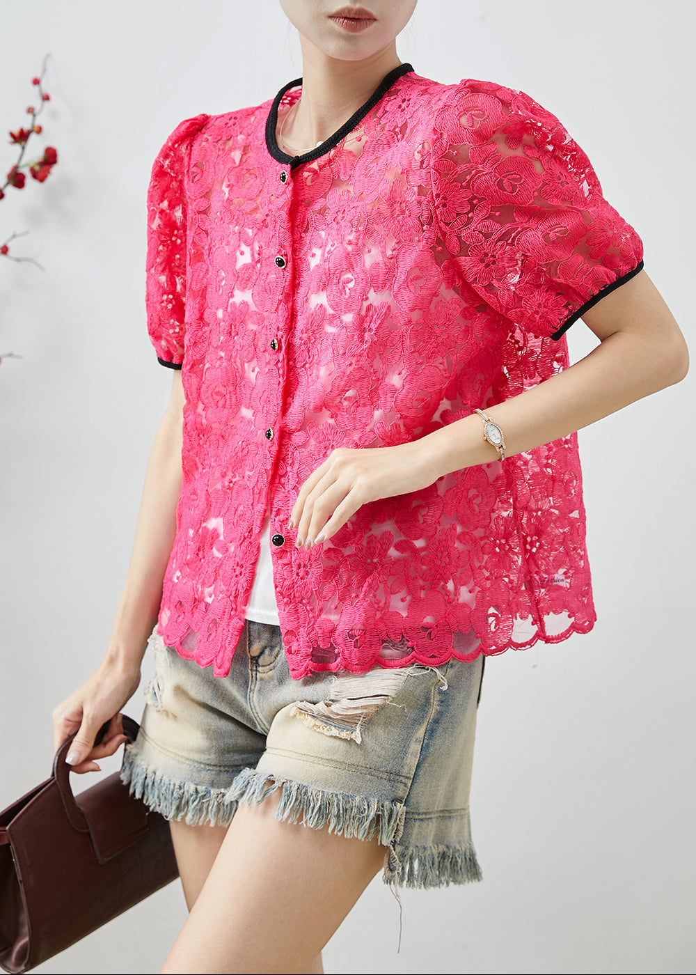Dentelle rose légère robe d'été brodée - EasyApparels