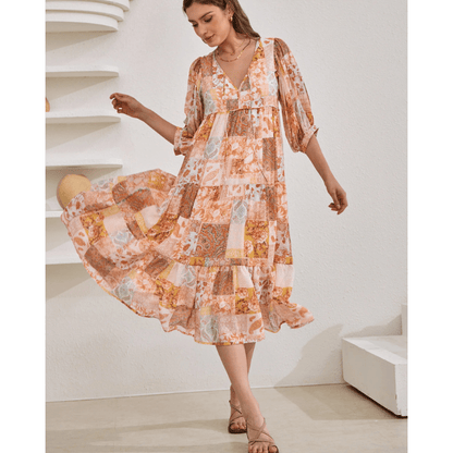 Robe Bohème Imprimée Floral à Manches Longues