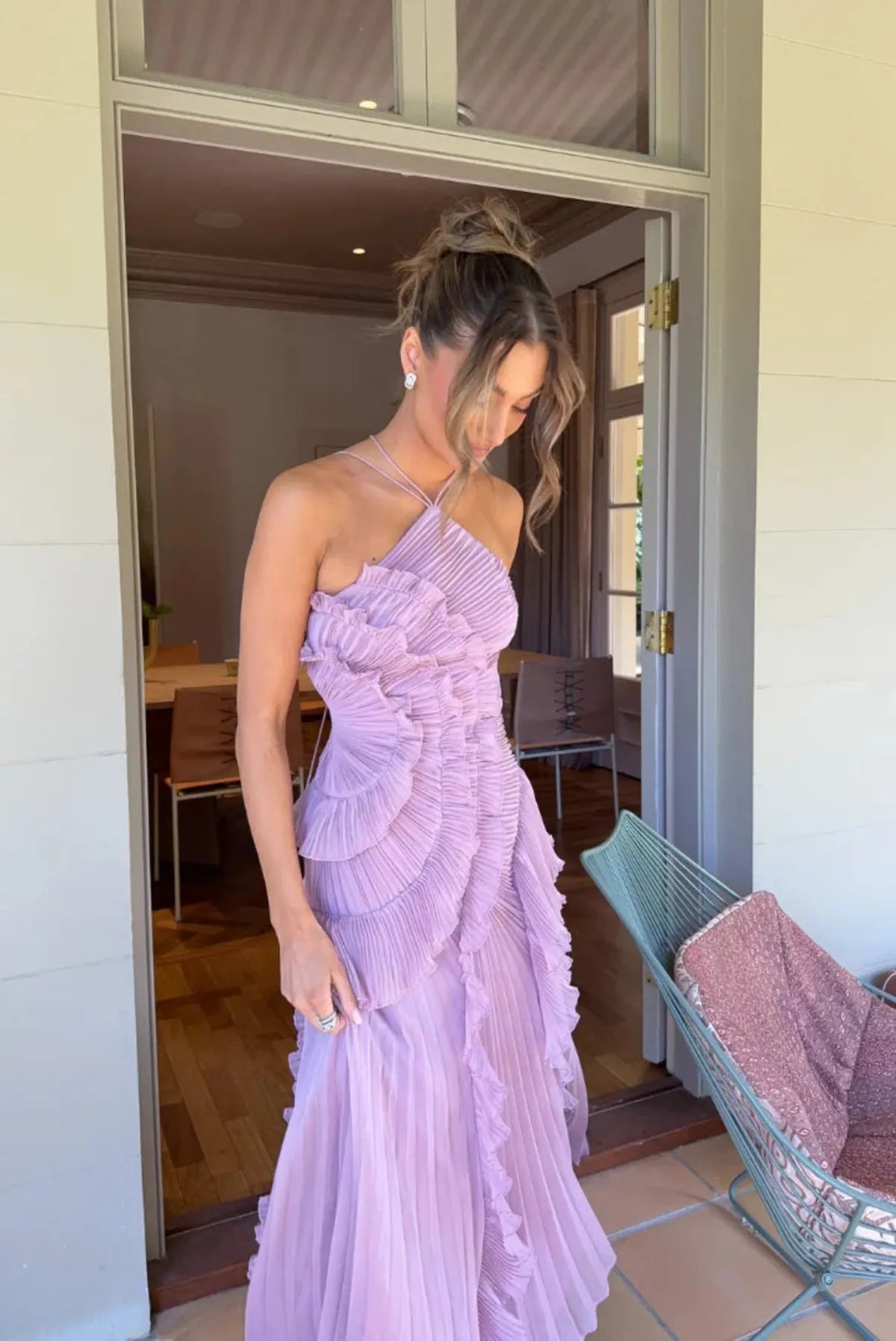 Robe Femme Plissée avec Col Rond et Jupons Superposés