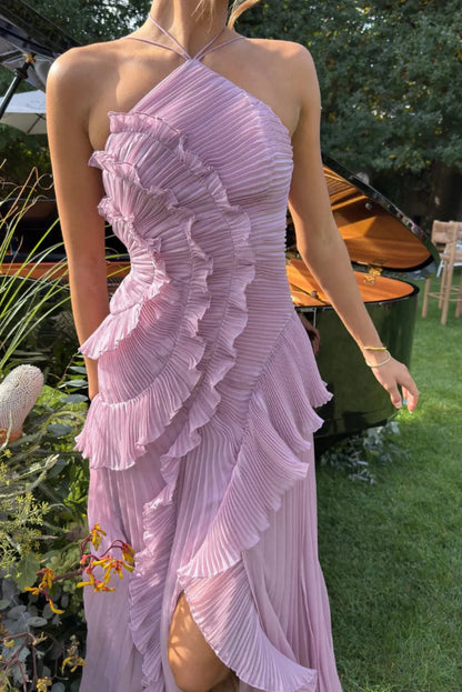 Robe Femme Plissée avec Col Rond et Jupons Superposés
