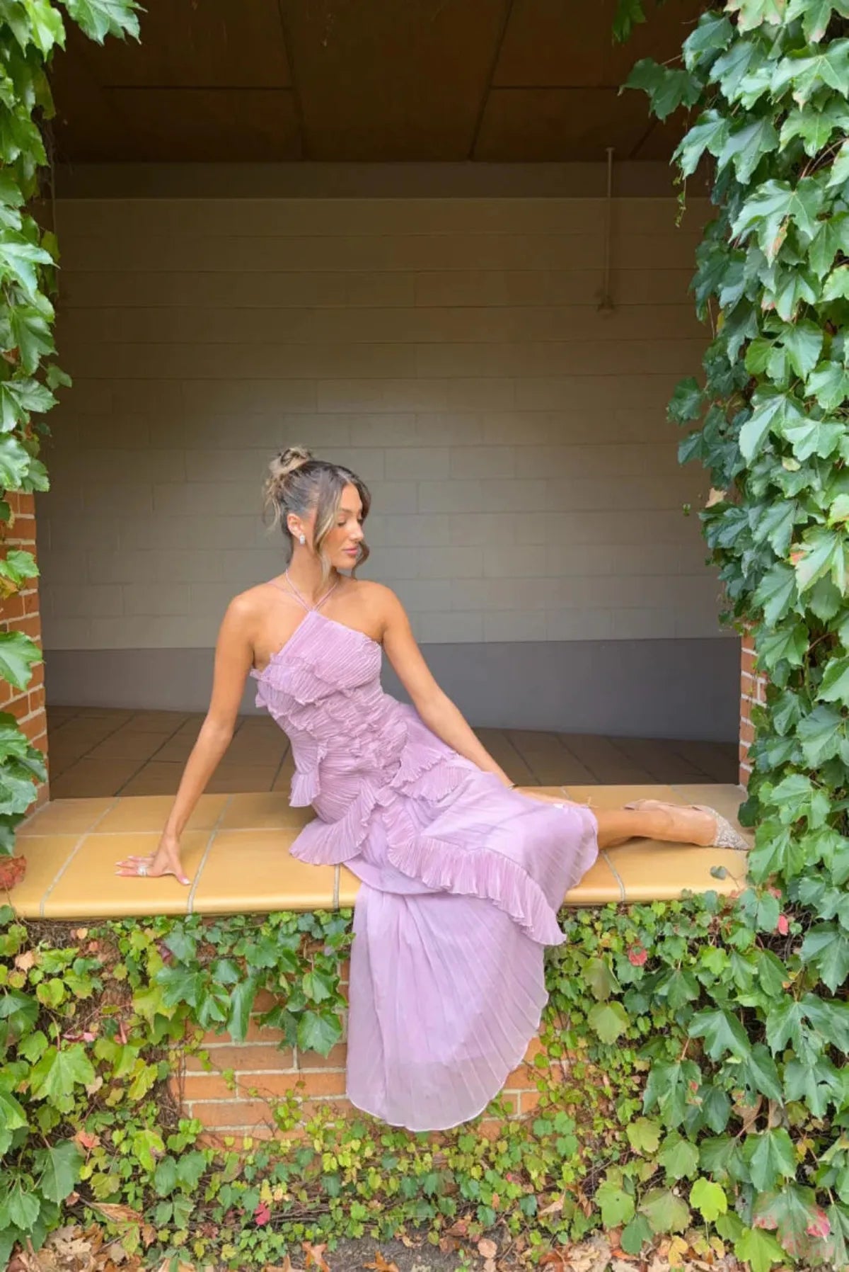 Robe Femme Plissée avec Col Rond et Jupons Superposés