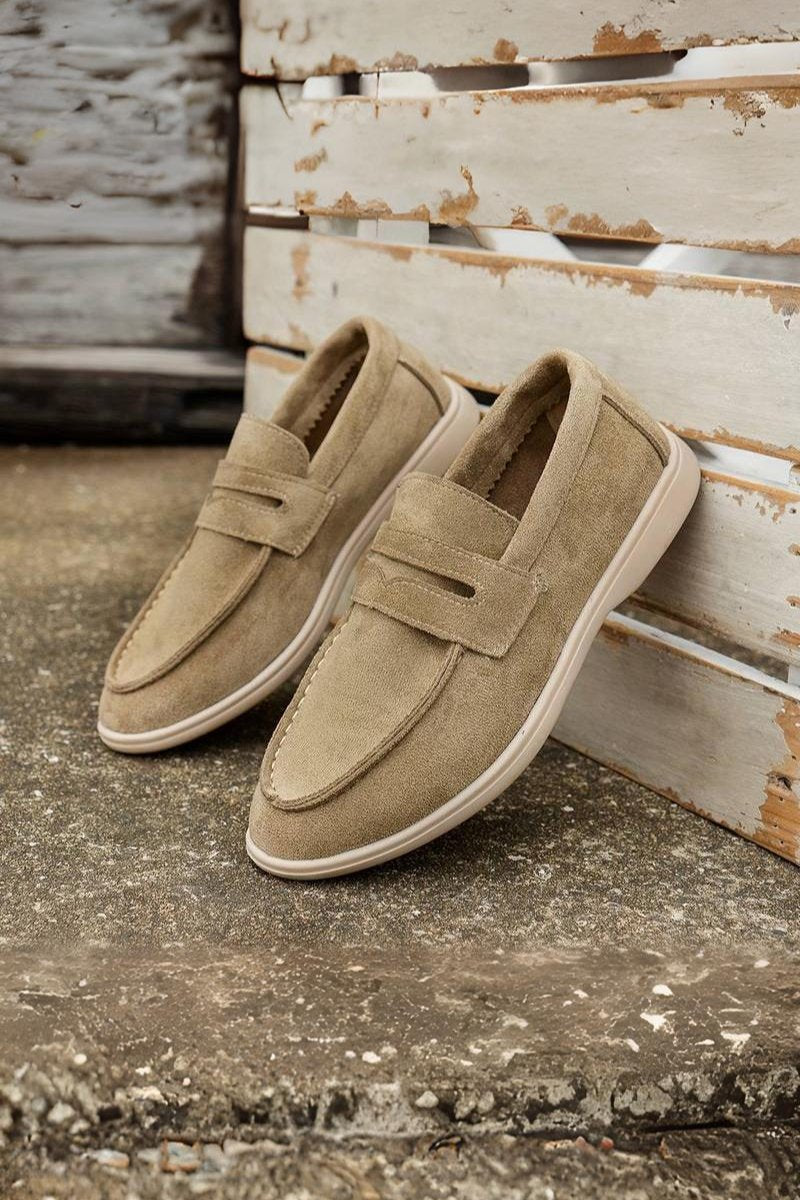 Mocassin en Cuir Velours Beige et Bleu Marine
