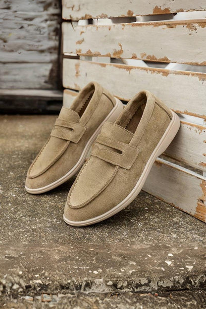Mocassin en Cuir Velours Beige et Bleu Marine