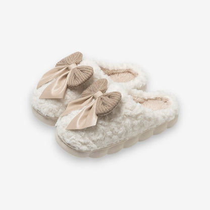 Chaussons Peluche Confortables à Bout Rond avec Nœud Décoratif