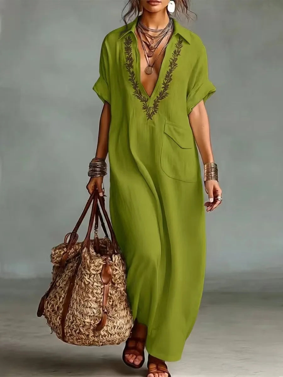 Robe Kaftan Femme Broderie Col en V Coupe Ample