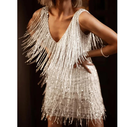 Robe de Cocktail Courte à Paillettes et Franges Féminine
