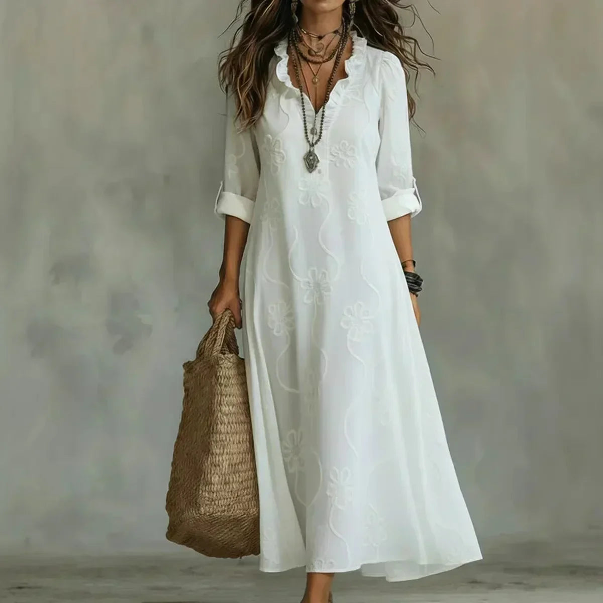 Robe longue Femme Broderie Florale Coupe Fluide