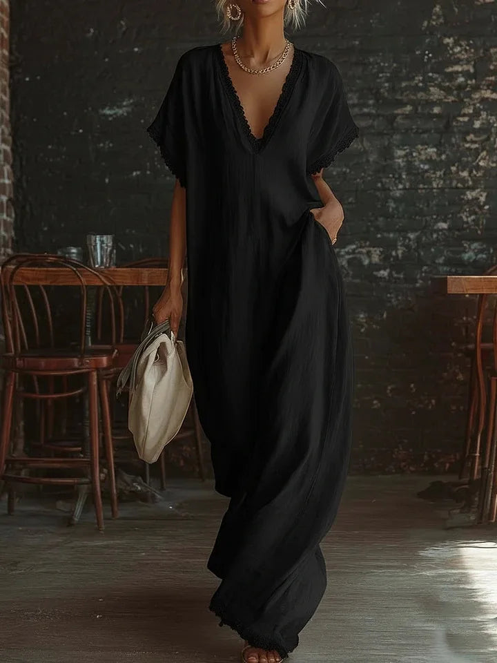 Robe longue Femme Fluide Col en V Finitions Dentelle