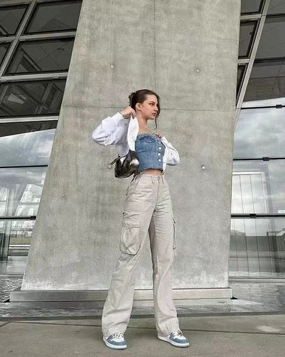 Pantalon Cargo Femme Haute Taille avec Poches Latérales