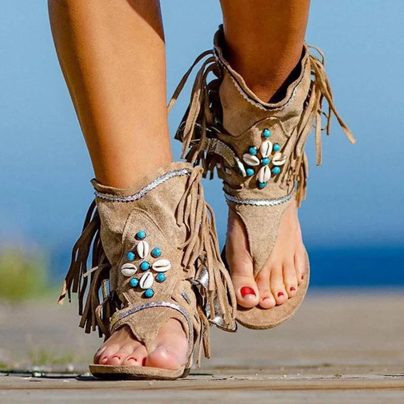 Sandales Été Femmes à Talons Plats avec Franges Colorées