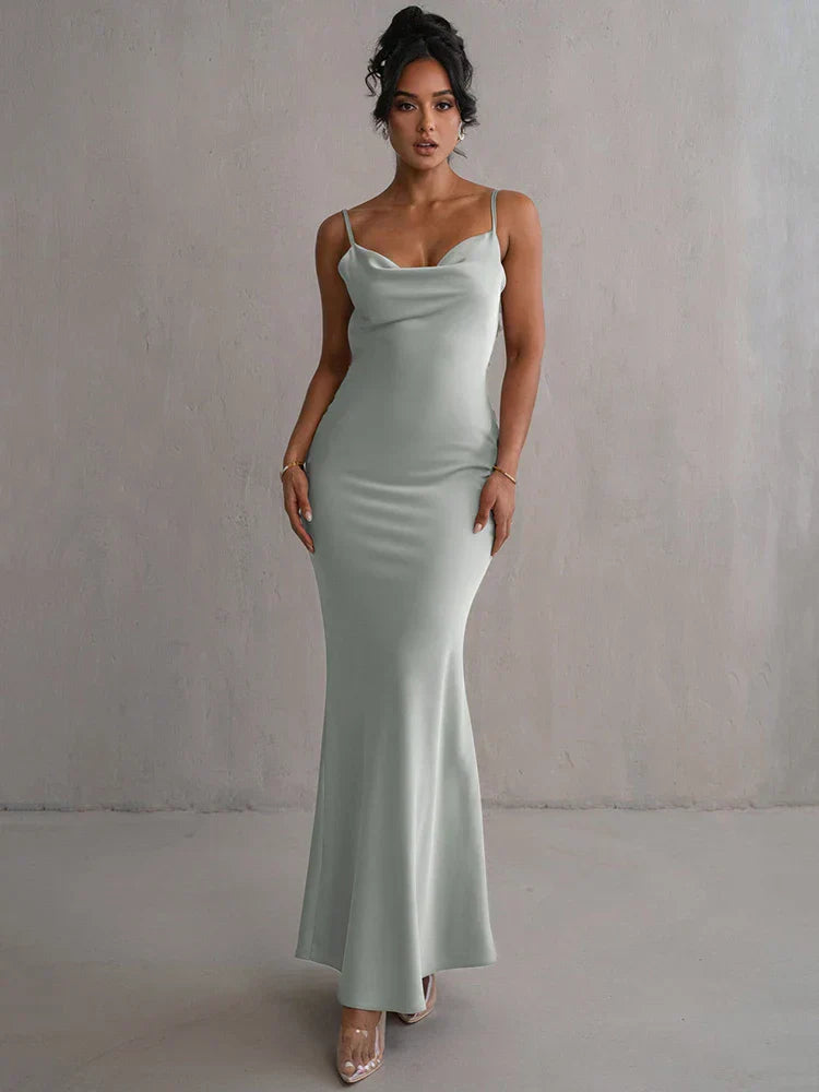 Robe de Soirée Élégante en Satin, Col Décolleté, Manches Longues pour Cérémonie - PanierRoyale
