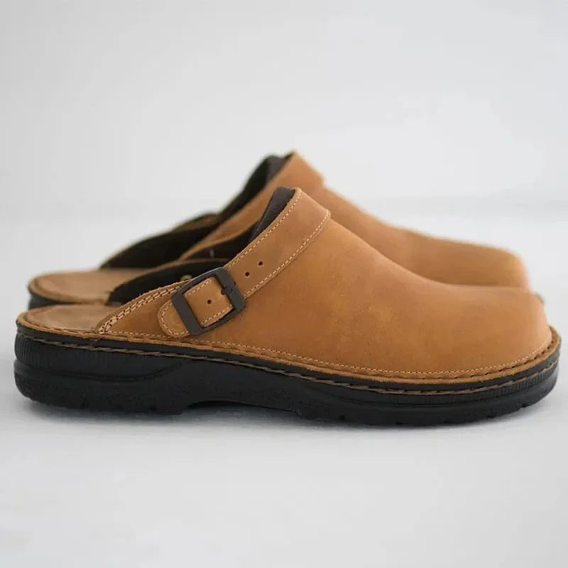 Mules Homme Cuir Vieilli Bout Fermé Bride Boucle Semelle Epaisse
