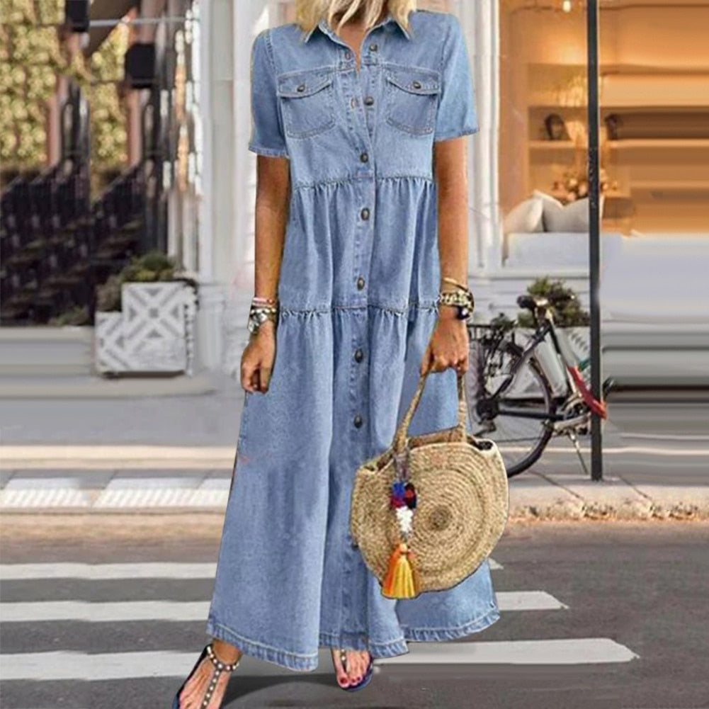 Robe Jeans Femme Élégante Taille Cintrée avec Volants