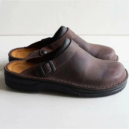 Mules Homme Cuir Vieilli Bout Fermé Bride Boucle Semelle Epaisse - PanierRoyale
