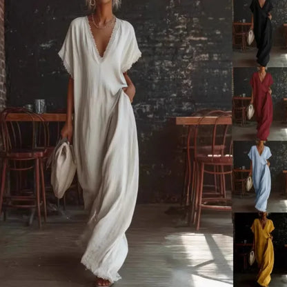 Robe longue Femme Fluide Col en V Finitions Dentelle