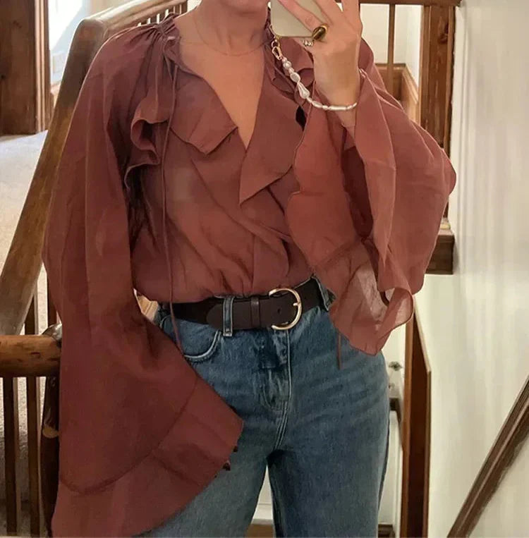 Blouse en Soie Transparente Brun Femelle Élégante - BerlinGlamour