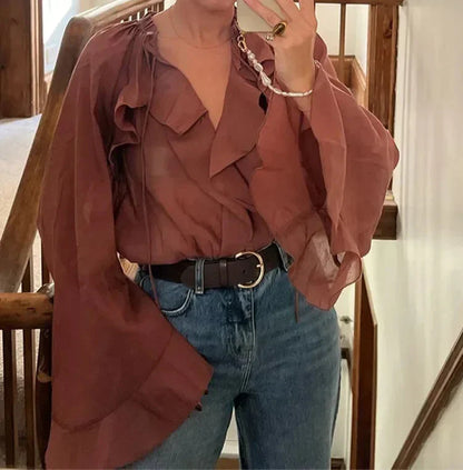 Blouse en Soie Transparente Brun Femelle Élégante - BerlinGlamour