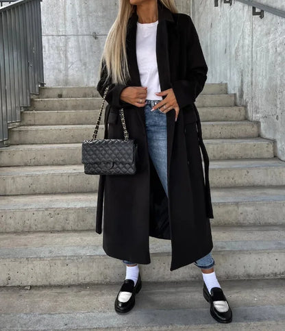 Manteau long Femme Laine mélangée Ceinturé Coupe ajustée