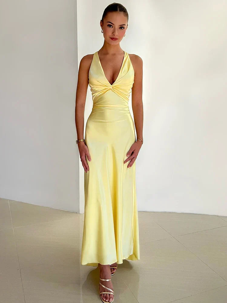 Robe de Soirée Femme Longue en Satin avec Décolleté Profond - PanierRoyale