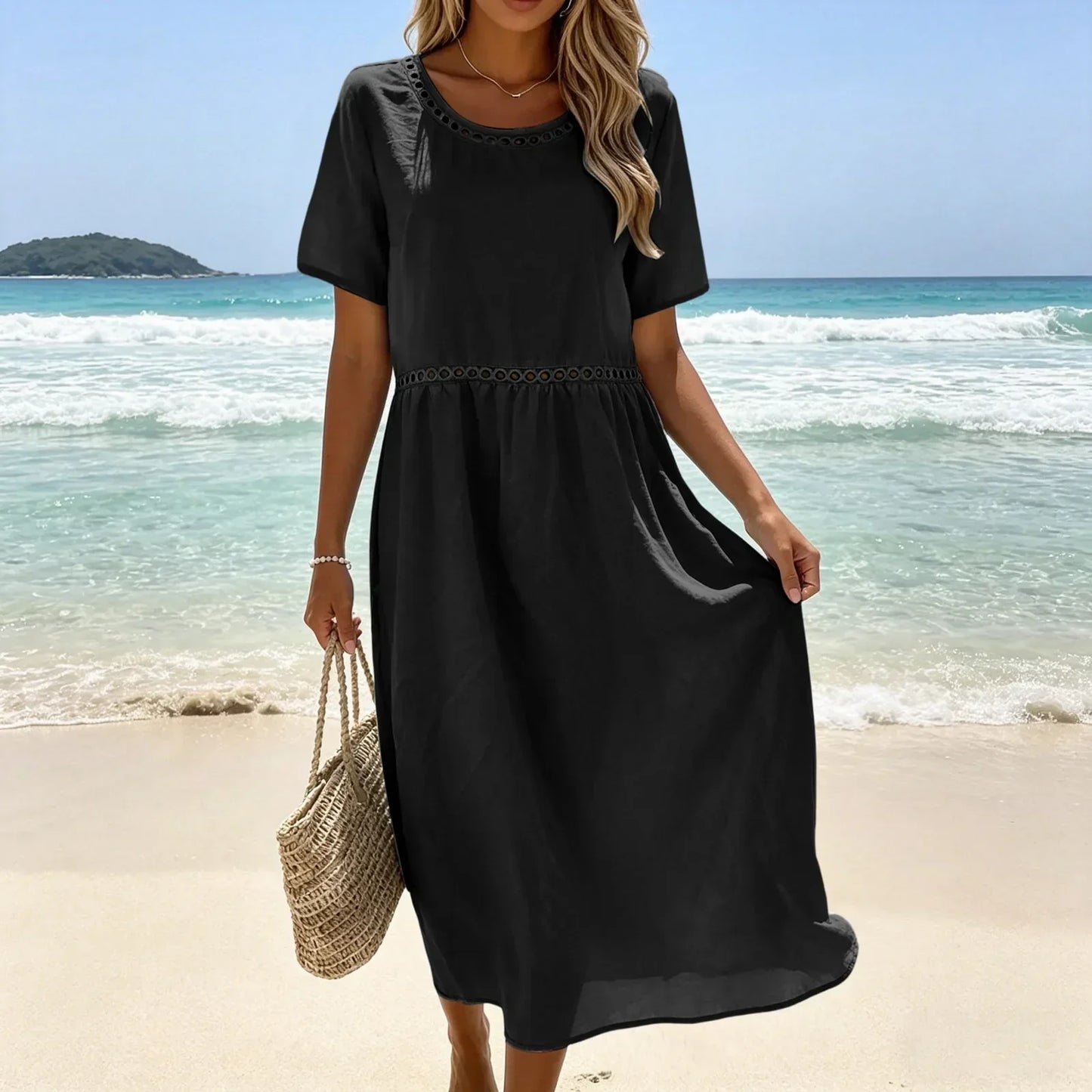 Robe longue Femme Coton Mélangé Coupe Fluide Détails Ajourés