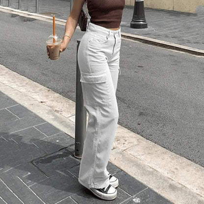Pantalon Cargo Femme Haute Taille avec Poches Latérales