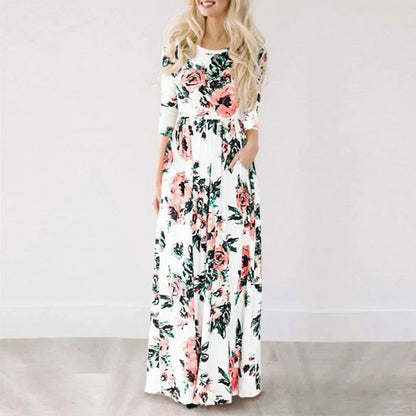 Robe Longue Bohème à Manches avec Imprimé Floral