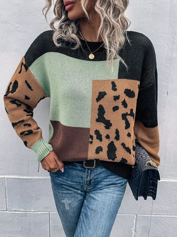 Pull Col Rond Léopard à Manches Longues Féminin - PanierRoyale