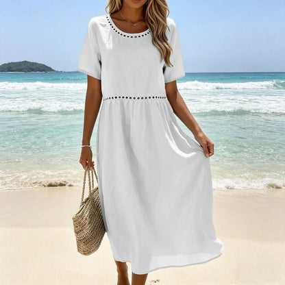Robe longue Femme Coton Mélangé Coupe Fluide Détails Ajourés