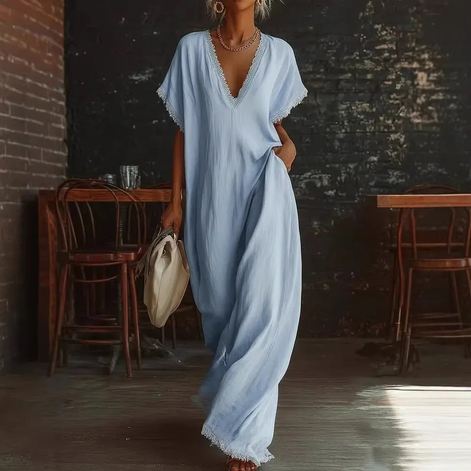 Robe longue Femme Fluide Col en V Finitions Dentelle - PanierRoyale