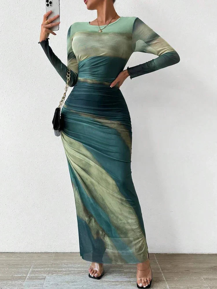 Robe Maxi Femme Coupe Ajustée Col Rond Imprimée