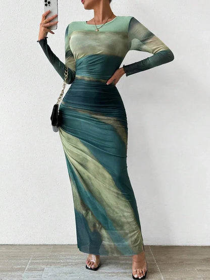 Robe Maxi Femme Coupe Ajustée Col Rond Imprimée