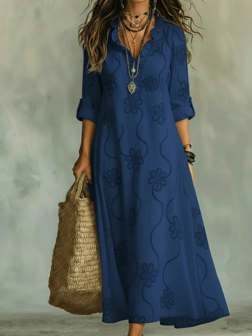 Robe longue Femme Broderie Florale Coupe Fluide