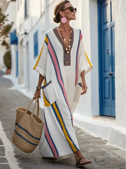 Robe Maxi Femme Lin Col en V Coupe Ample