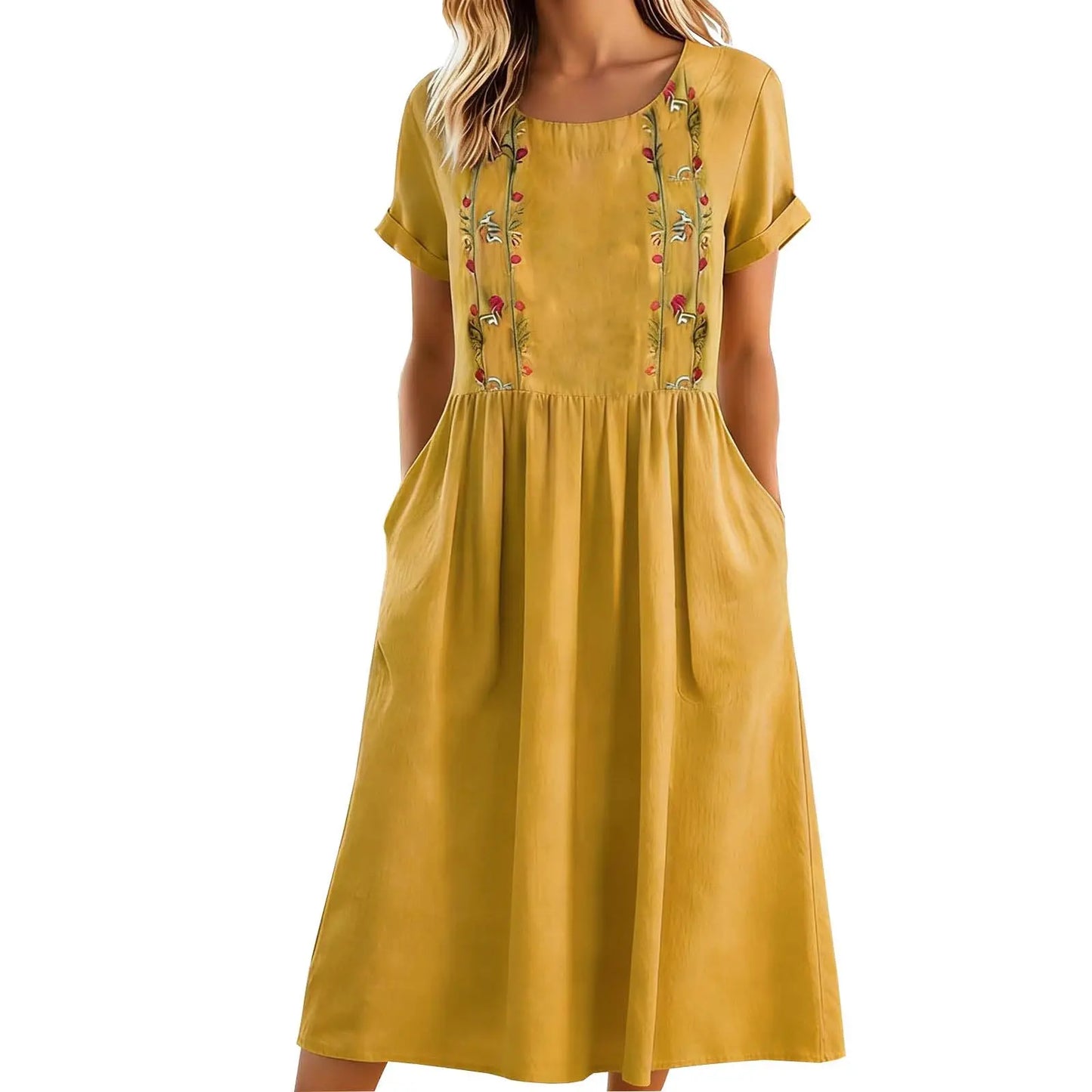 Robe midi Femme Broderie Poches Coupe Aline