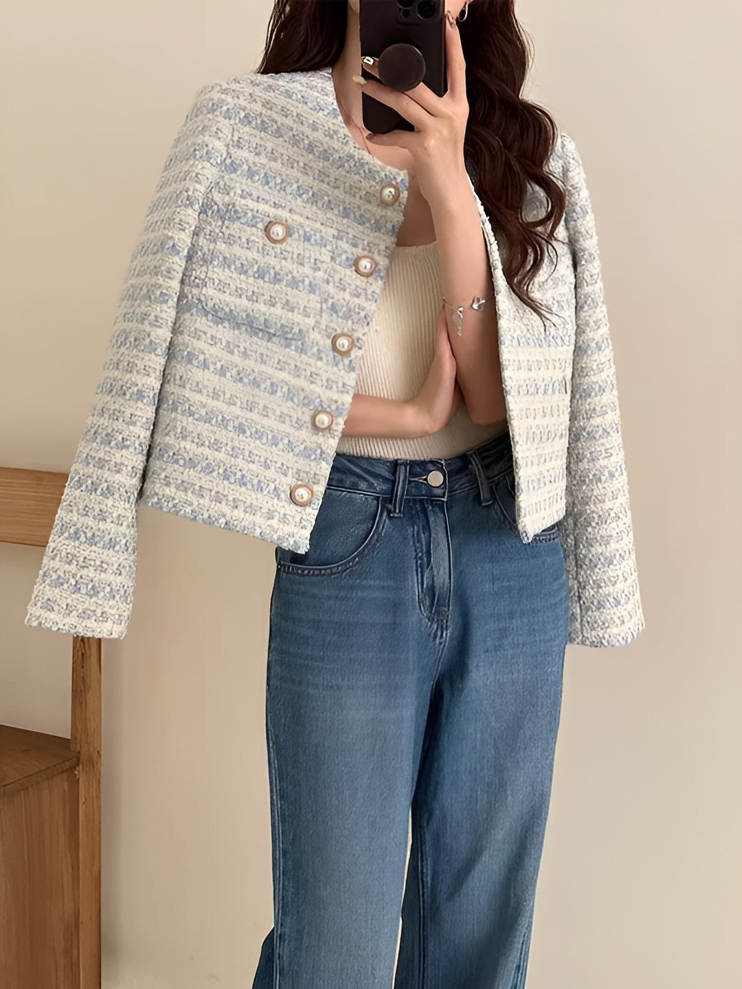 Blazer Femme Tissu Texturé Coupe Courte Structurée