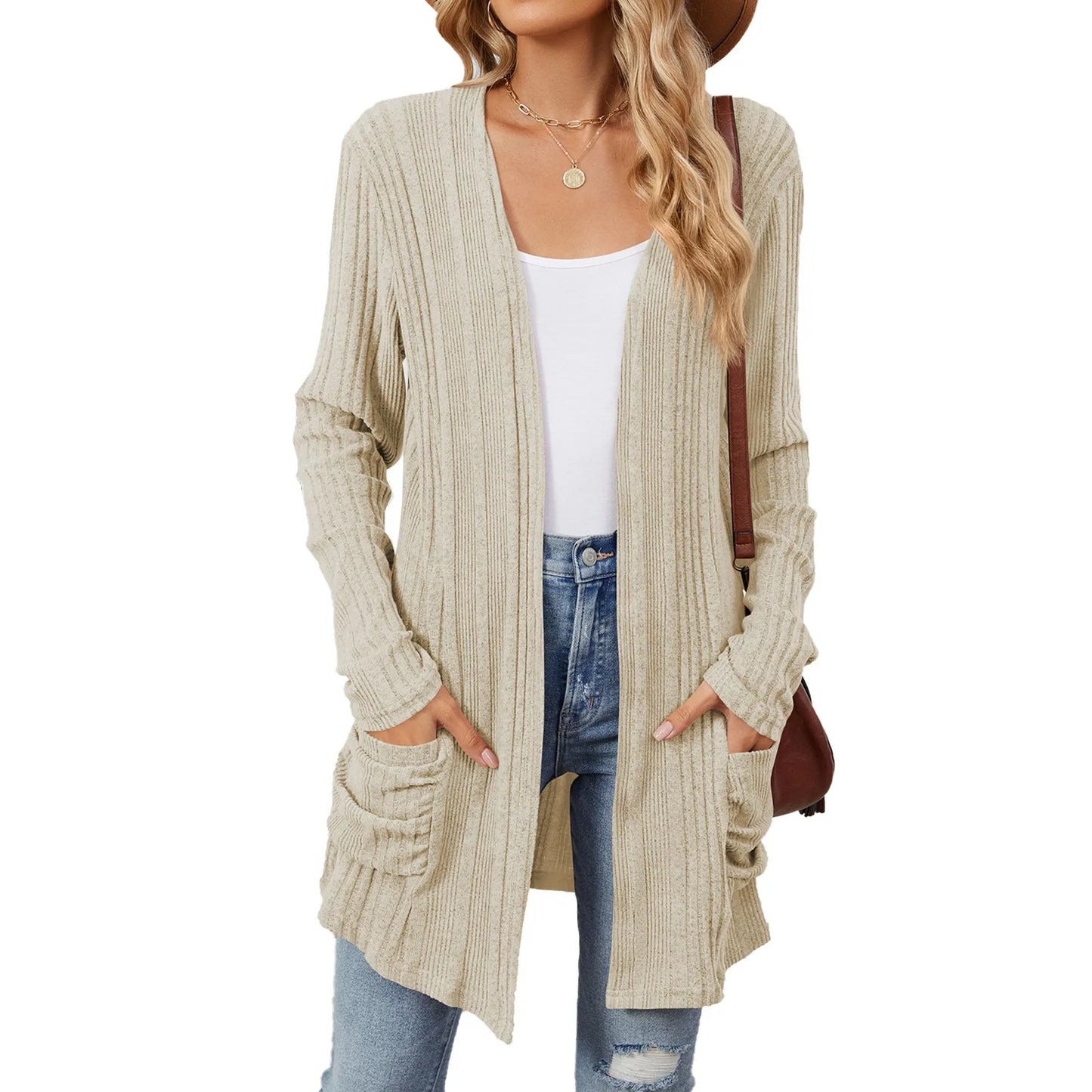 Cardigan Féminin Détendu avec Poches et Manches Longues