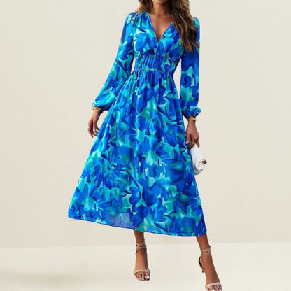 Robe Femme Longue Élégante en Soie Polyester Manches Longues