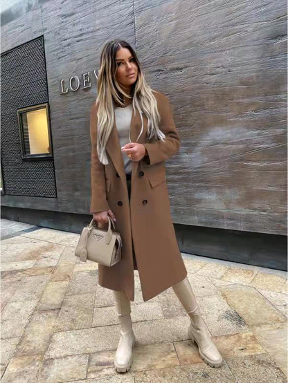 Manteau Femme Noir Chic avec Sac en Cuir Beige