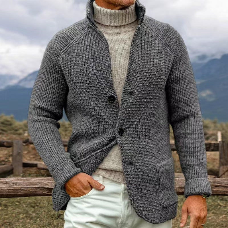 Gilet Homme Brun en Maille avec Col Relevé