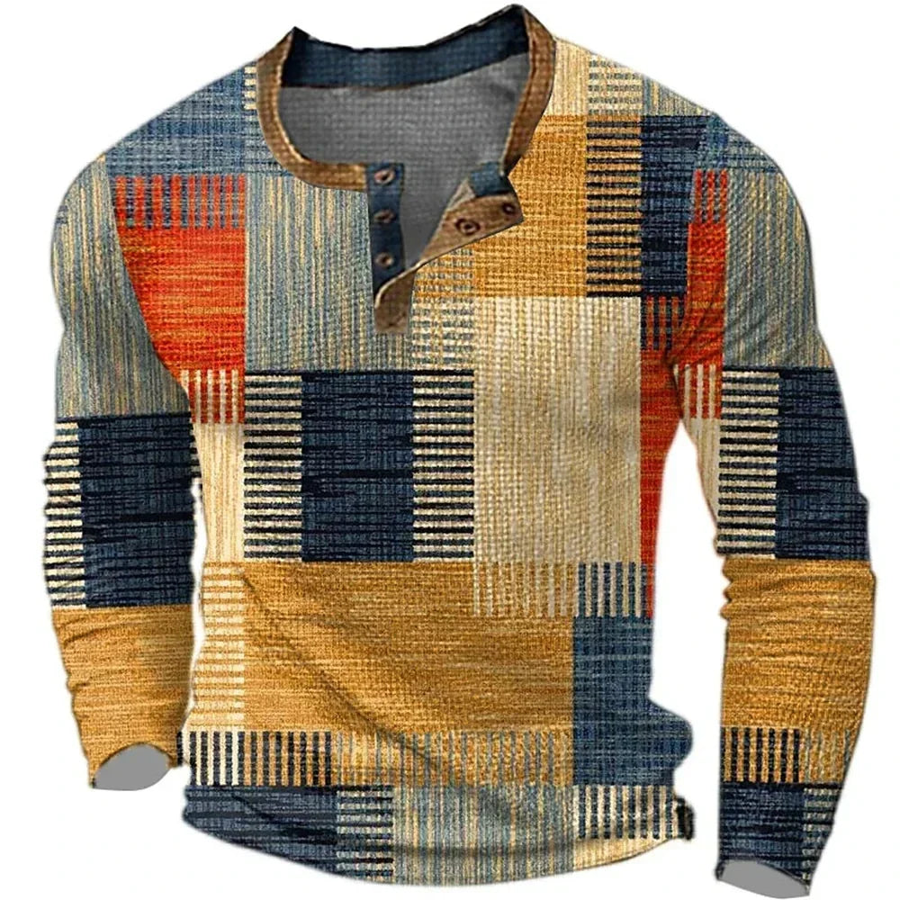 T-shirt Homme Coton Col Henley Manches Longues Coupe Patchwork - PanierRoyale