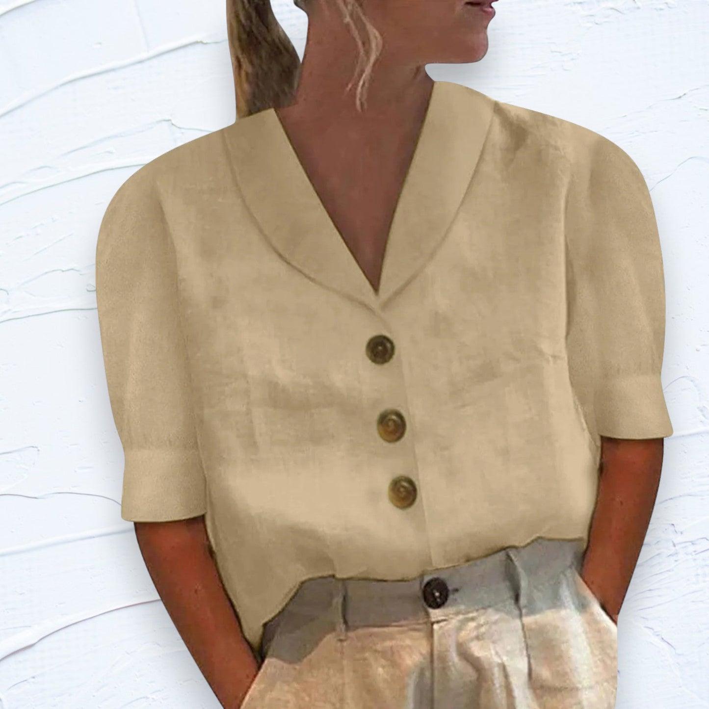 Blouse en Lin Blanc Élégant Manches Courtes
