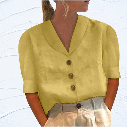 Blouse en Lin Blanc Élégant Manches Courtes