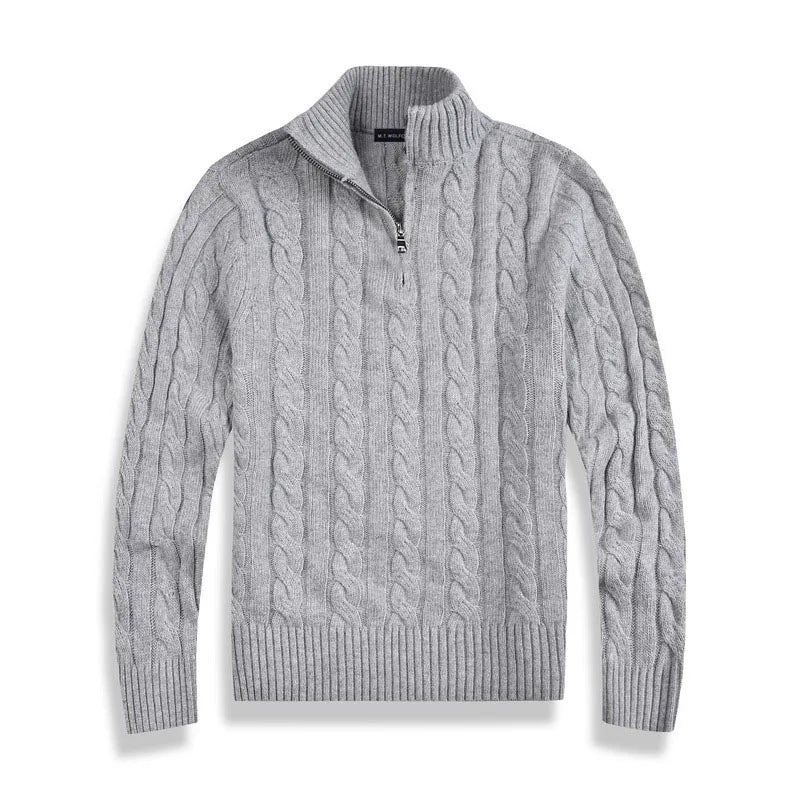 Pull Homme Col Zippé Laine Mélangée Gris Chiné