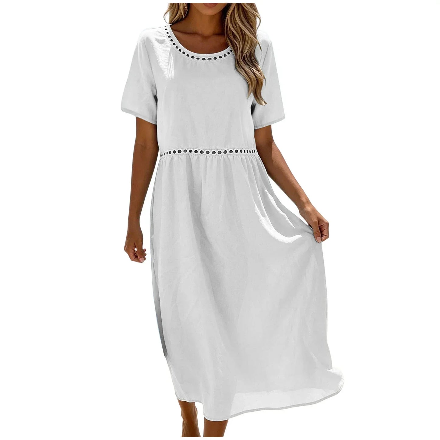 Robe longue Femme Coton Mélangé Coupe Fluide Détails Ajourés