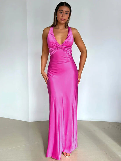Robe de Soirée Femme Longue en Satin avec Décolleté Profond