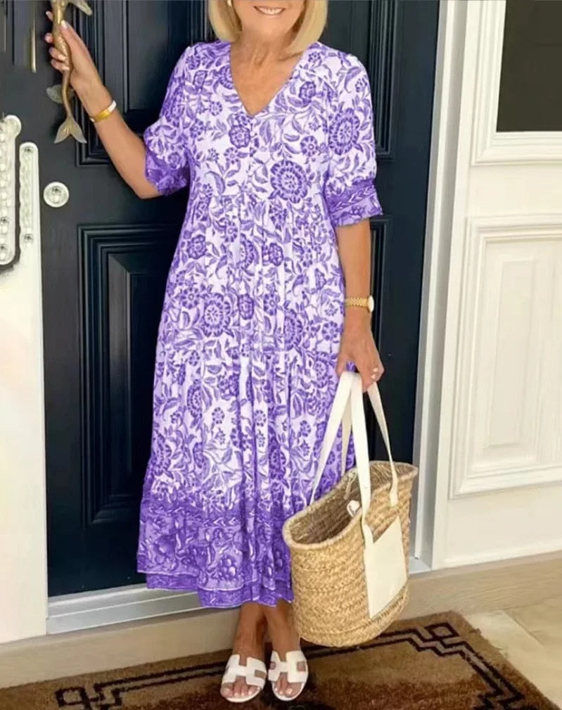 Robe Femme Fluide Imprimé Floral Col V Manches Courtes