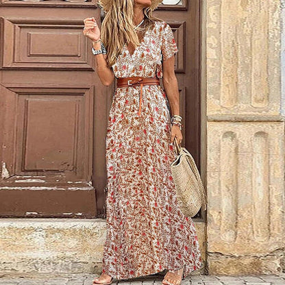Robe longue fleurie décontractée pour femme avec ceinture -> Robe longue fleuriée femme décontractée élégante